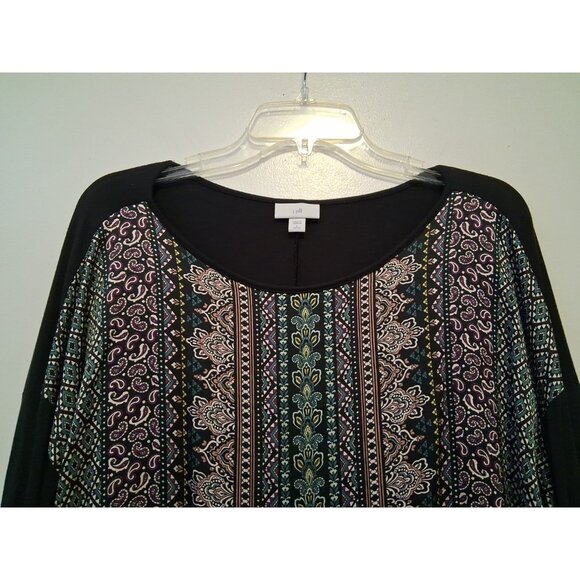J Jill Top Black Green Pink Paisley Boho Career Stretch Long Sleeve Large Petite - Picture 2 of 6